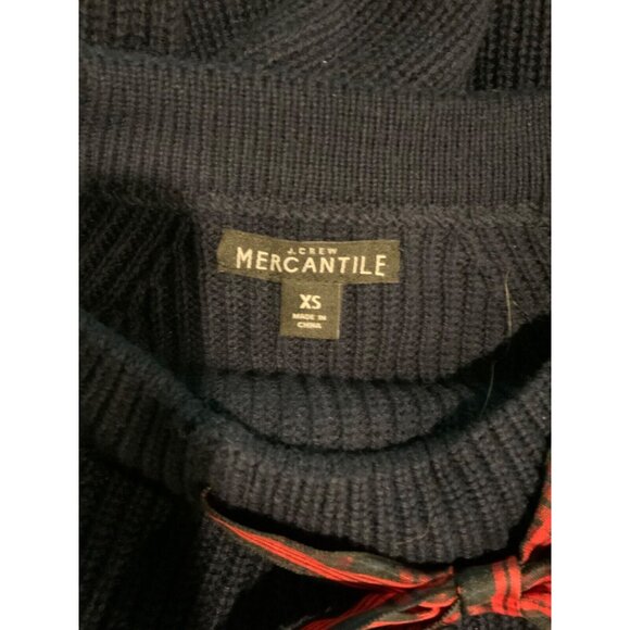 J. Crew Mercantile Navy Blue Knit High Neck Sweater W/ Red Plaid Bow, Size XS - Picture 6 of 6